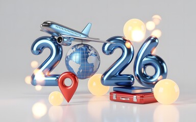 Plane flying around globe in 2026 with suitcase, airplane, globe and location pin