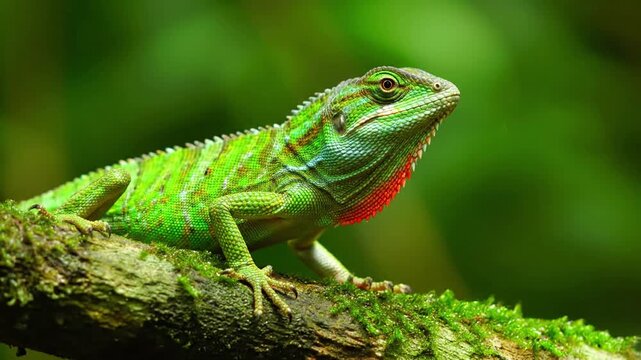 Macro shot of a vibrant green anole lizard, showcasing its intricate scales, textured skin, and the subtle movement of its dewlap in a sun dappled tropical environment.