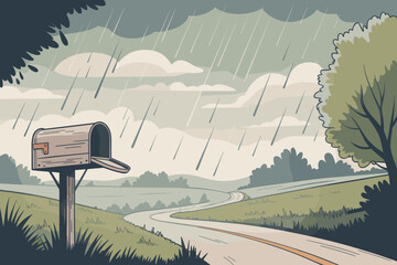 Rainy Countryside Mailbox Scene | Quiet Road & Soft Storm Landscape Art