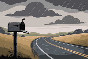Rainy Countryside Mailbox Scene | Quiet Road & Soft Storm Landscape Art