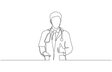 Continuous line drawing of man doctor with stethoscope and medical uniform, One line sketch editable stroke of health care concept, isolated on transparent background, Vector illustration.