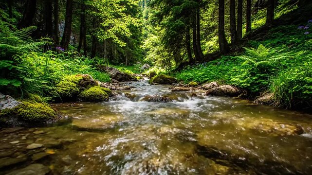 A serene, wide angle perspective capturing the vibrant riparian ecosystem, showcasing lush green foliage, delicate wildflowers, and ancient tree roots bordering the gentle stream.