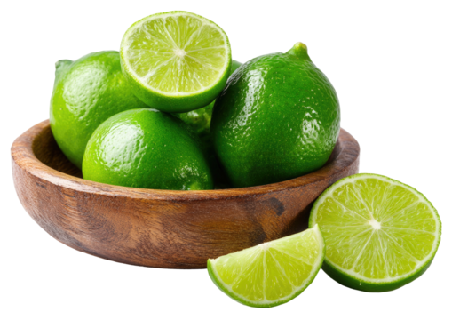 Limes in wood bowl with sliced lime