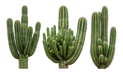 A beautiful collection of three distinct green cactus plants with sharp spines isolated on a transparent background for easy design use