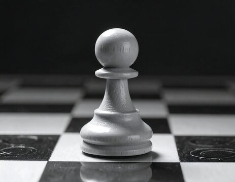 Black and white image of a single pawn piece on a checkered chess board, focused and central - Powered by Adobe
