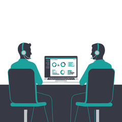 Support staff analyzing business metrics on laptop, wearing headsets
