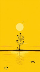 Minimalist sunset scene featuring a silhouetted tree with dark, round blossoms reflected in calm yellow water, under a large pale yellow sun and a few small birds in flight