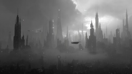 Monochromatic cityscape shrouded in mist; futuristic skyscrapers pierce a dark, brooding sky; flying vehicles traverse the gloomy atmosphere