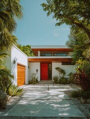Modern, single-story white house with a red door, wood garage door, and lush tropical landscaping.  A concrete driveway leads to the entrance