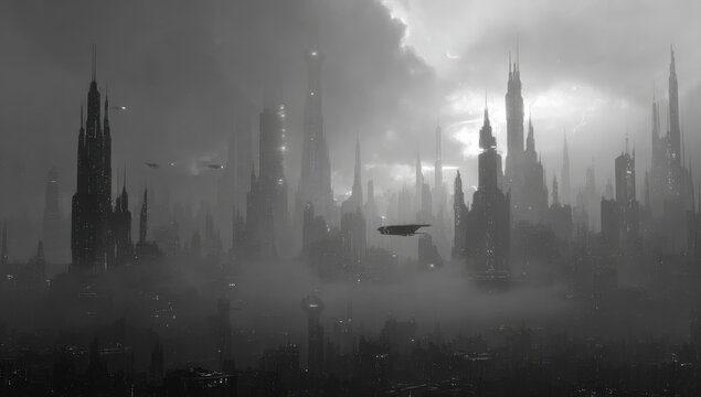 Monochromatic cityscape shrouded in mist; futuristic skyscrapers pierce a dark, brooding sky; flying vehicles traverse the gloomy atmosphere
