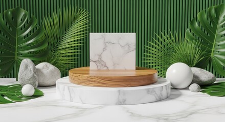 Tropical product display with marble podium, wood riser, green leaves, and stones