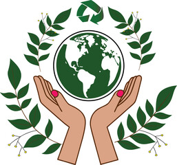 Hands holding earth globe surrounded by leaves recycling symbol illustration