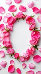 Oval frame of pink rosebuds and petals scattered on white background