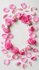Oval frame of pink roses and petals on a white background, creating a delicate and romantic composition