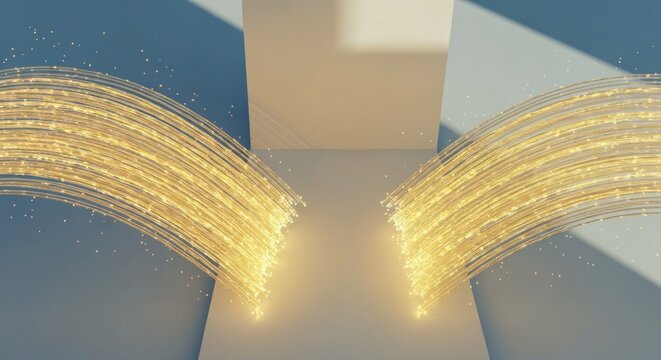 Two golden, glowing particle streams converge at a bright point in a sleek abstract space