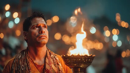 Indian priest performing aarti ritual with fire at dusk by the Ganges