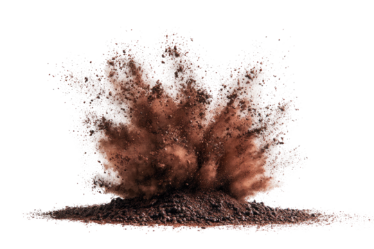 Explosion of reddish-brown dust cloud on a black backdrop