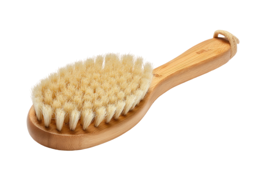 Wooden brush with soft bristles and hanging string loop