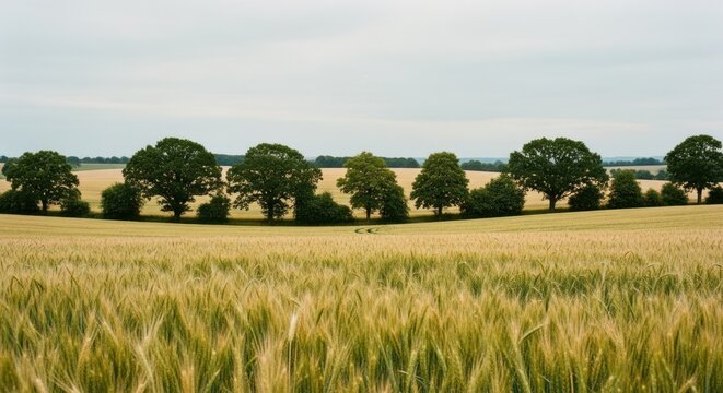 Vast golden grain field with a sweeping row of green trees against a pale cloudy sky - Powered by Adobe