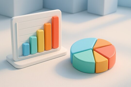 Vibrant 3D bar graph and segmented pie diagram showcasing data visualization