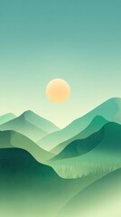 Serene sunrise over a misty, verdant mountain range, depicted in a minimalist, stylized vector art style with soft gradients and muted greens