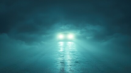 Vehicle headlights illuminating a dark, wet, foggy road under a cloudy, mysterious night sky