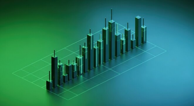 Vibrant 3D bar chart with metallic skyscrapers, reflecting green-blue gradient light