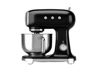 Glossy black stand mixer with metal bowl