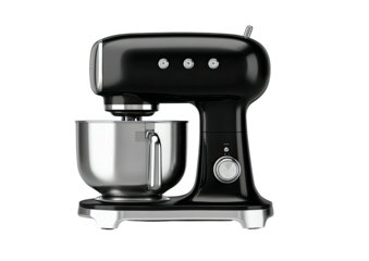 Glossy black stand mixer with metal bowl