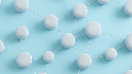 White circular nodes, connected by lines, on a light blue background, close - up, copy space.