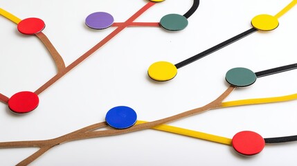 Colorful circular nodes, connected by branches, on a white background, close - up, copy space.