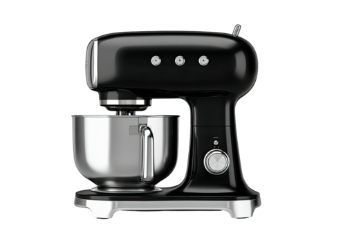 Glossy black stand mixer with metal bowl