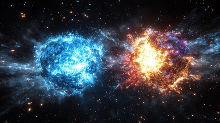 Vibrant blue and orange celestial bodies interact in deep space with stardust