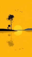 Silhouetted trees on a lakeshore at sunset, reflected in calm water, under a vibrant yellow sky, with distant hills and a few birds in flight