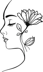 Single-stroke human face profile morphing into a blooming flower stem, symbolizing harmony between humanity and nature 3