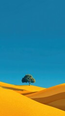 Solitary tree on undulating, golden hills under a vibrant blue sky; minimalist, stylized landscape