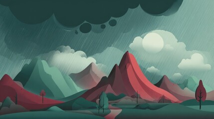 Stylized landscape painting depicting a mountainous region under a stormy sky, with rain falling and a muted color palette emphasizing reds, greens, and teal hues.