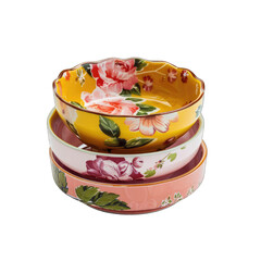 Stacked floral bowls; yellow, pink, and purple roses and leaves on scalloped rims, nested