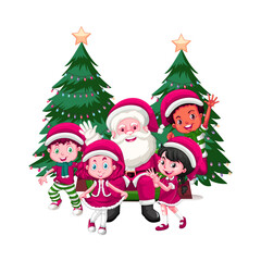 a group of children and also Santa Claus celebrating their Christmas holiday with a beautiful Christmas tree behind them