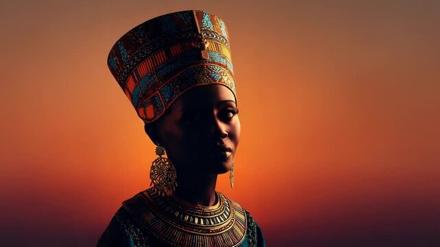 Profile of a regal woman in ornate headdress and jewelry against sunset backdrop
