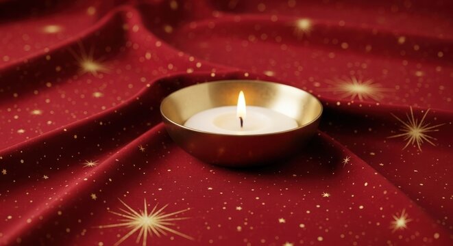 Warm glowing candle in a gold holder on luxurious red fabric with golden starbursts