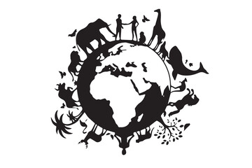 Global Harmony Icon: Earth Globe Silhouette Surrounded by Humans, Animals, and Nature, Symbolizing Coexistence © Vector 4 You