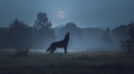 Wolf howling in a misty meadow, with full moon in a blue-hued night sky, wild nature scene, copy space