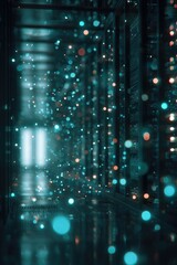 Teal-lit server room hallway, bokeh effect shows glowing lights and reflections on floor, creating a futuristic, technological atmosphere