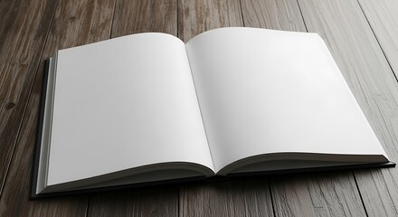 Open blank book or magazine with empty white pages on a dark wooden table, perfect for custom text, image, or design