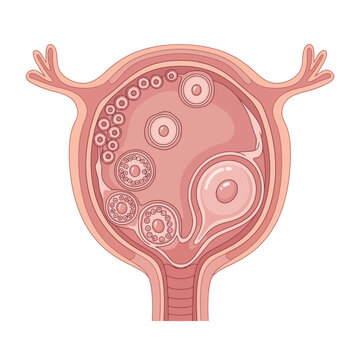 Detailed cross section illustration of a human ovary showing developing follicles and mature ovum