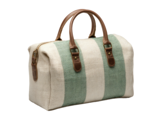Striped duffel bag w/ leather handles, neutral and green