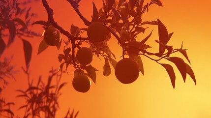 Oranges hanging on a tree branch, against a vibrant orange and yellow sunset sky, fresh fruit scene, copy space
