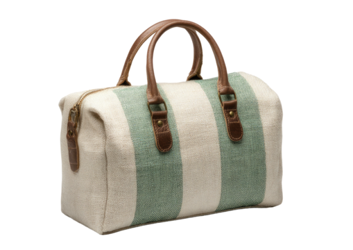 Striped duffel bag w/ leather handles, neutral and green