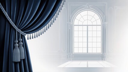 Obraz premium Luxury Window Curtain and Arch Window, Elegant Luxury Window Interior Design Backdrop, Luxury Window with Velvet Drapes and Tassels, Classical Architectural Concept.